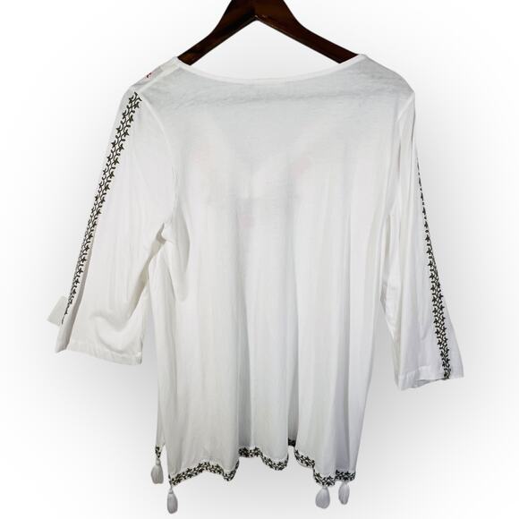 J.Jill Embroidered Floral Peasant Tunic Top White Tassel Tie 3/4 Sleeve Medium - Picture 5 of 13
